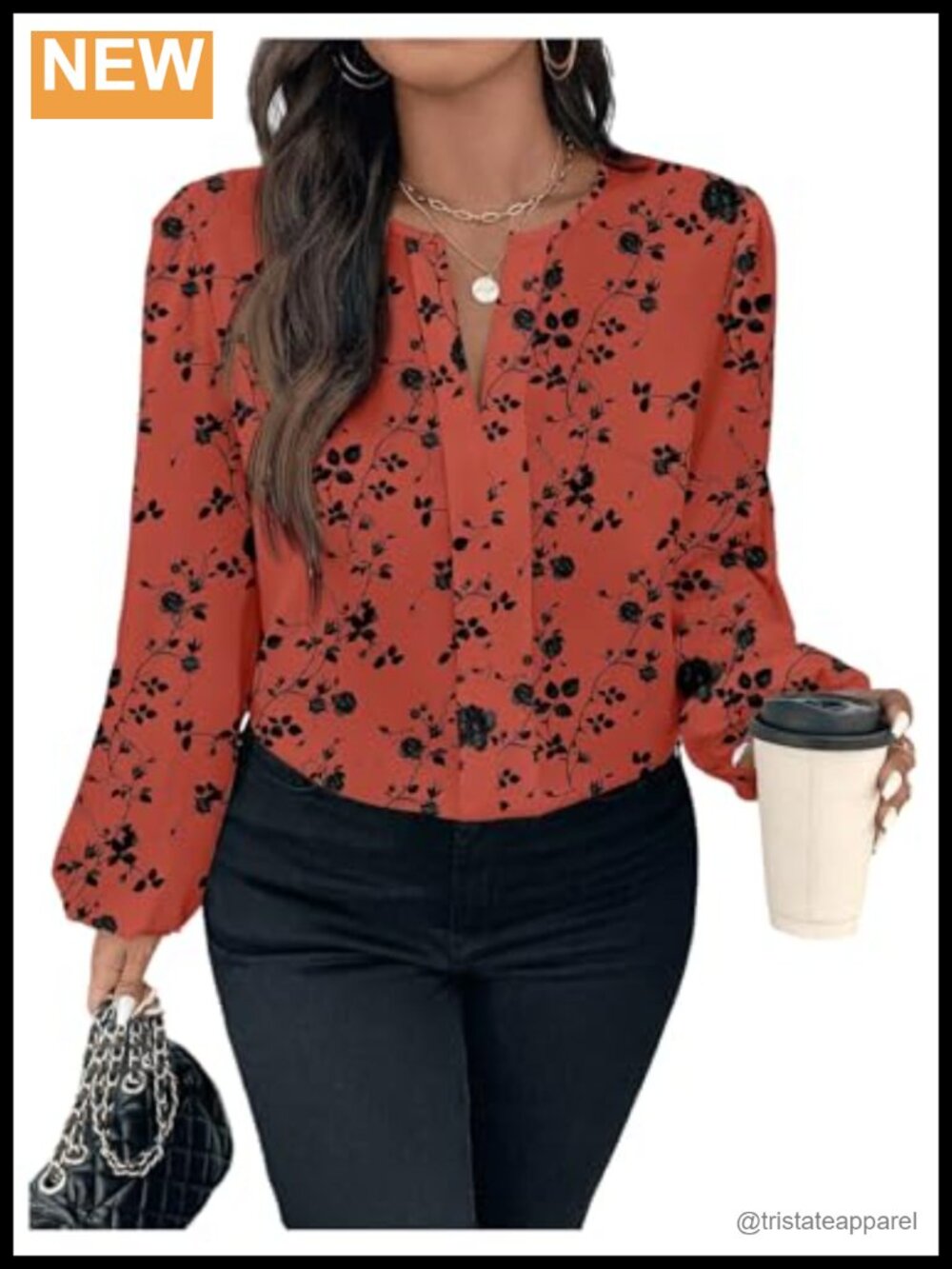 Women's Plus Size Floral Lantern Sleeve Notched V-Neck Blouse, Elegant Office